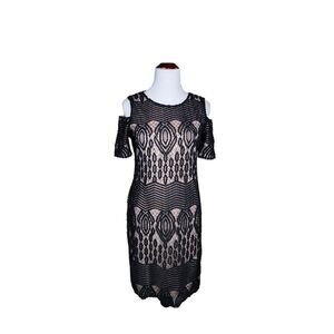 Sharagano Lace Overlay Cold Shoulder Cut  Out Dress Black Tan Size 4